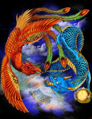 Le Dragon et le Phénix - Un tableau d'une magnificence céleste qui s'embrase dans une danse de couleurs vibrantes!